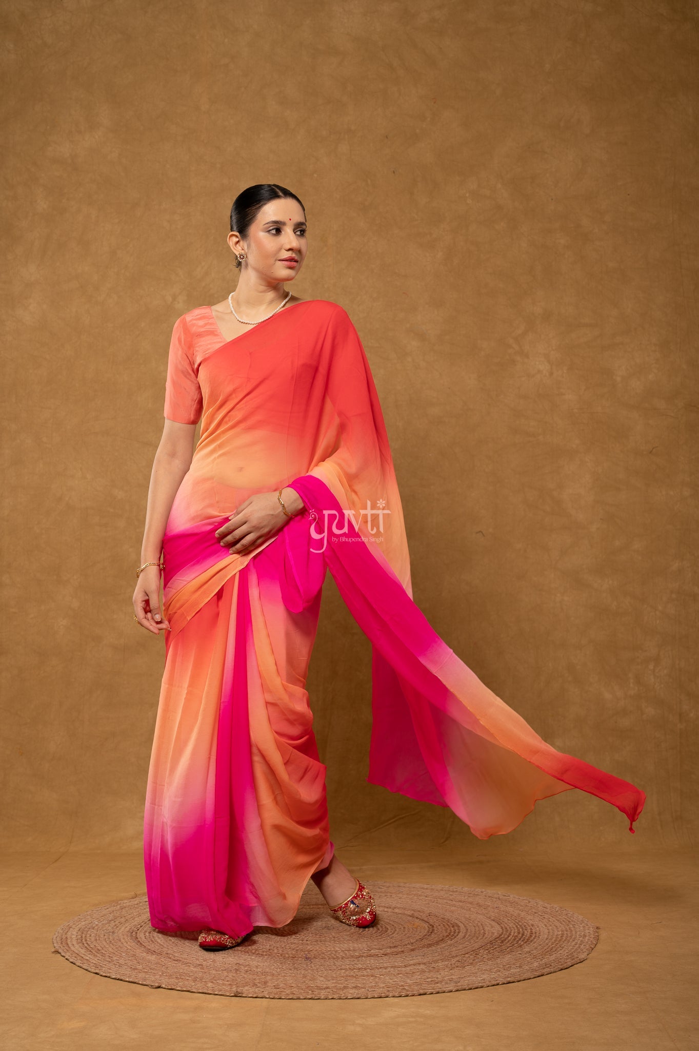 Red Peach Rani Shaded Pure Chiffon  Hand-Dye  Saree  with Blouse