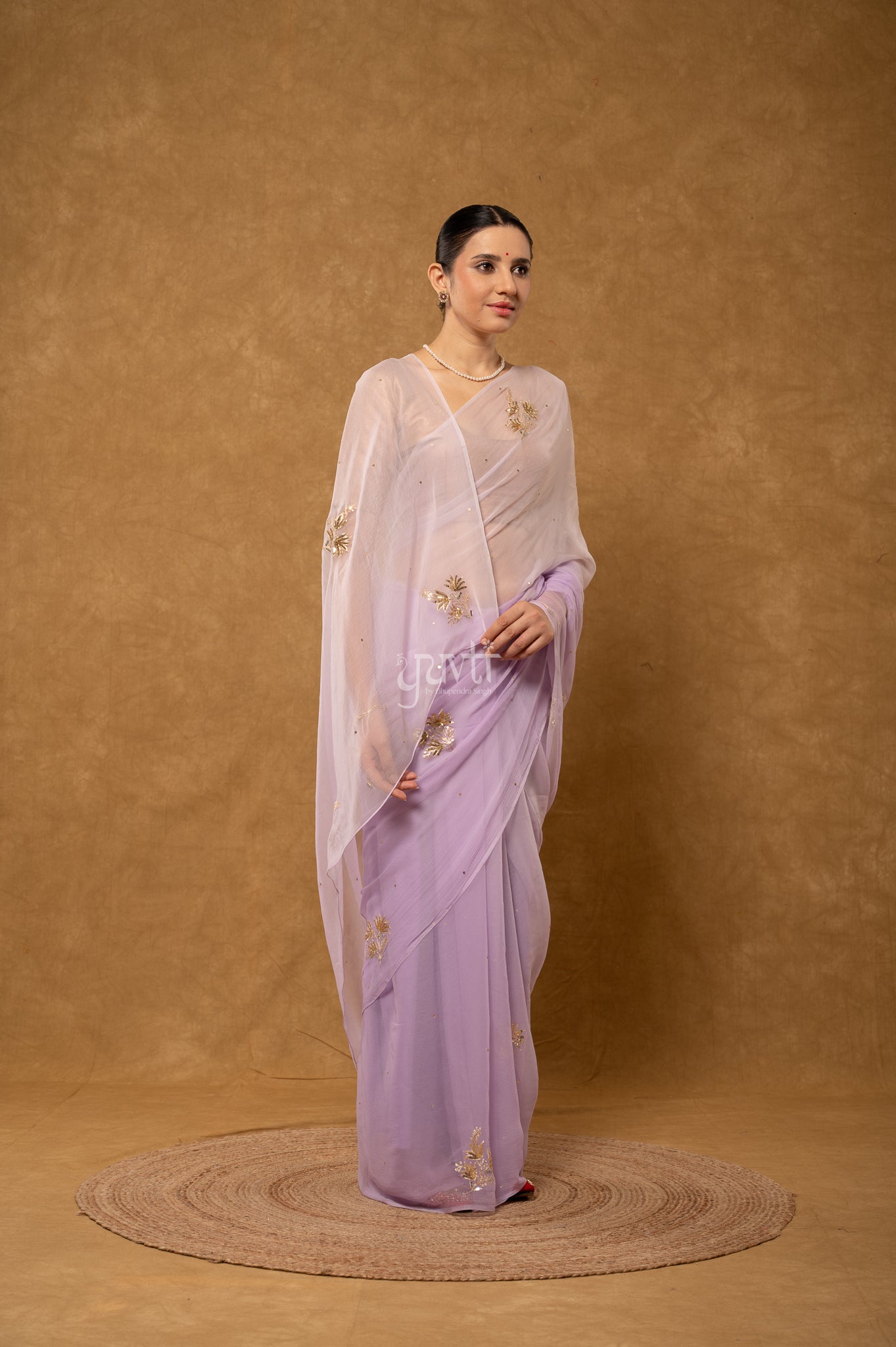 Lavender Viscose Chiffon Aari Sequins Motifs ( Butti ) Handwork  Saree