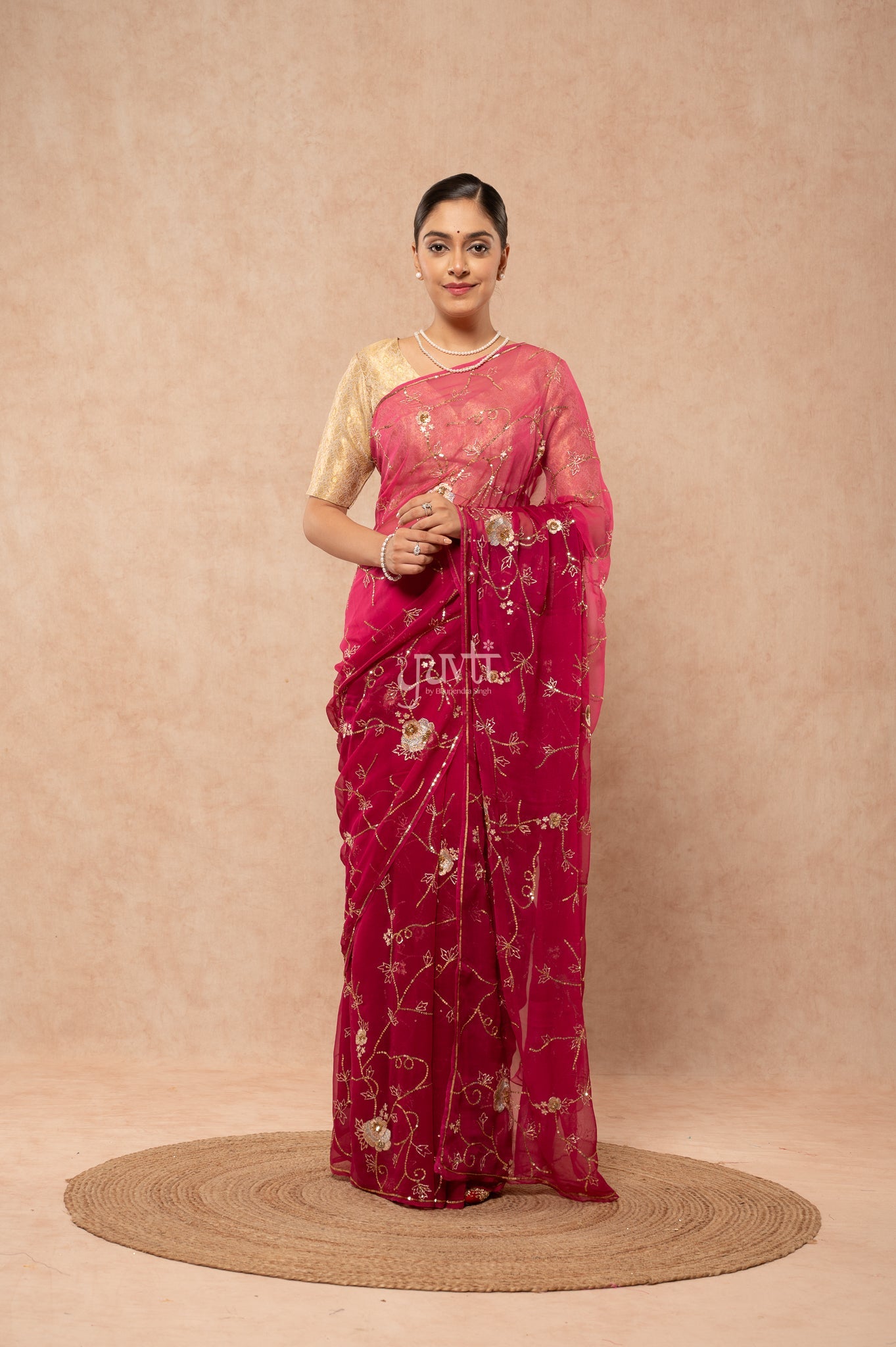 Wine Shaded Viscose Chiffon Aari Sequins Jaal Handwork  Saree  with Blouse