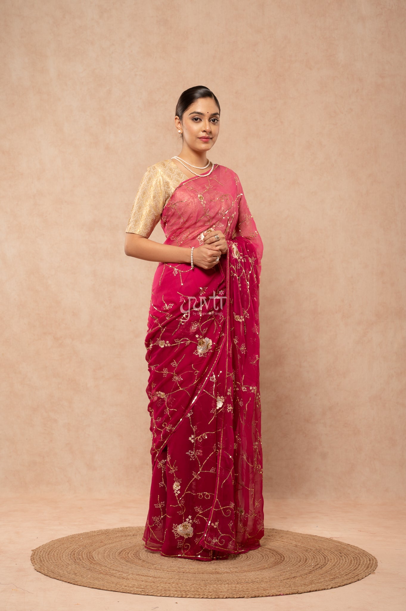 Wine Shaded Viscose Chiffon Aari Sequins Jaal Handwork  Saree  with Blouse