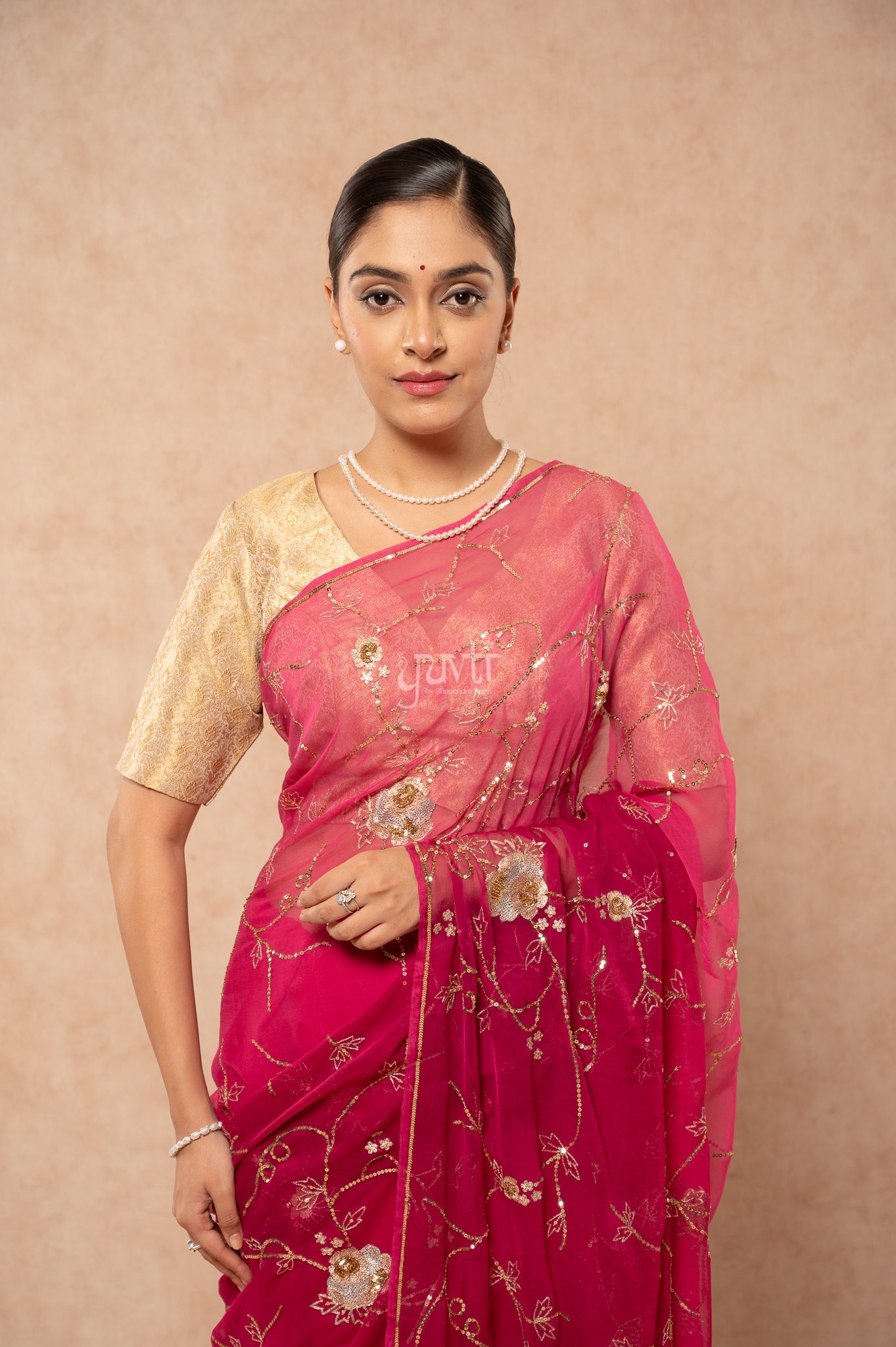 Wine Shaded Viscose Chiffon Aari Sequins Jaal Handwork  Saree  with Blouse