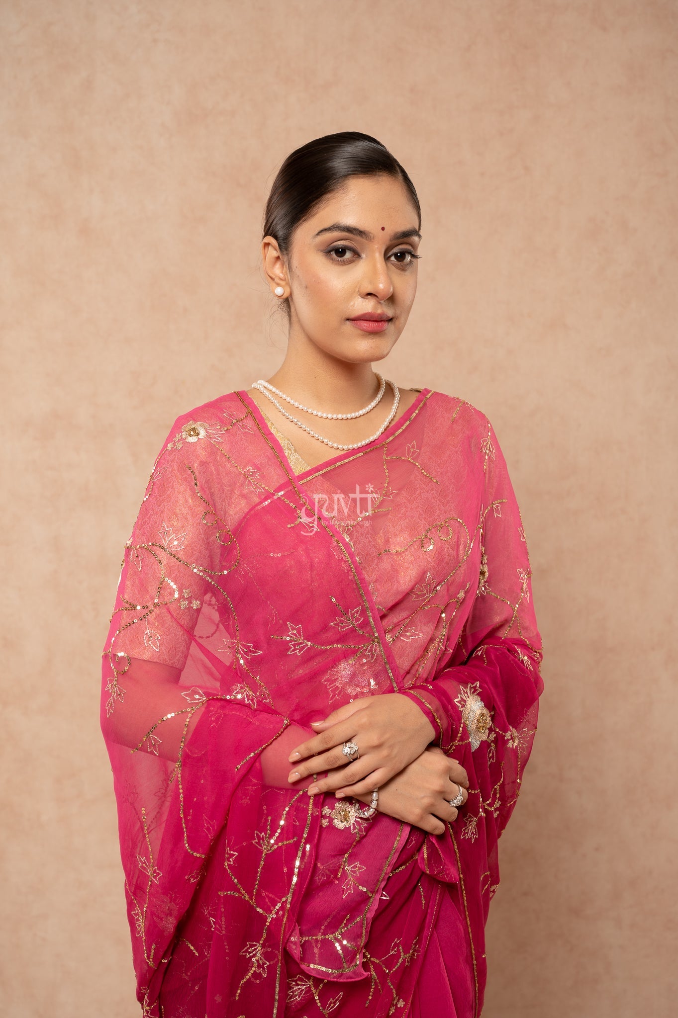 Wine Shaded Viscose Chiffon Aari Sequins Jaal Handwork  Saree  with Blouse