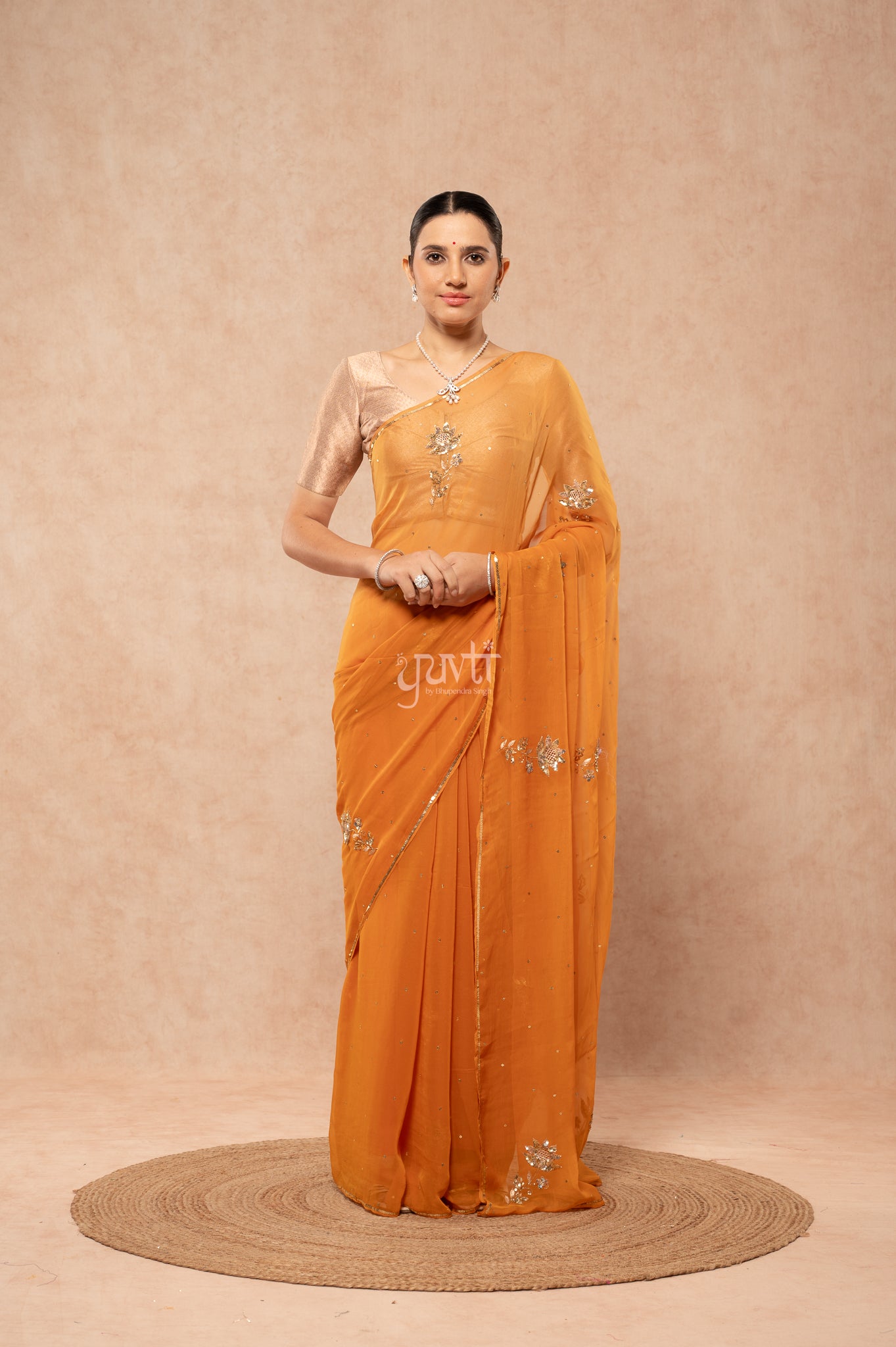 Mustard Shaded Viscose Chiffon Aari Sequins Cut-work Motif (Butti) all Over Handwork  Saree  with Blouse