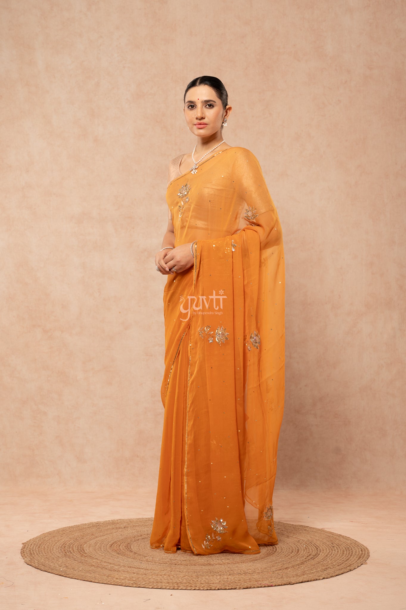 Mustard Shaded Viscose Chiffon Aari Sequins Cut-work Motif (Butti) all Over Handwork  Saree  with Blouse