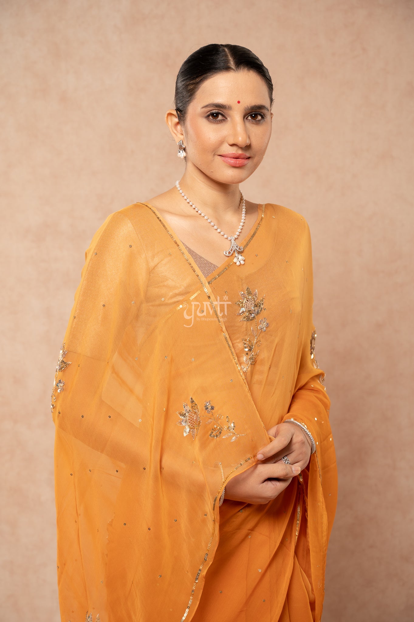 Mustard Shaded Viscose Chiffon Aari Sequins Cut-work Motif (Butti) all Over Handwork  Saree  with Blouse