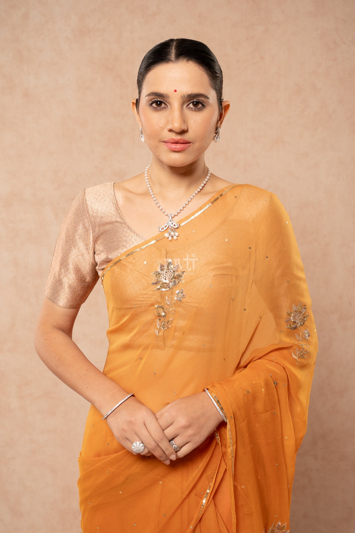 Mustard Shaded Viscose Chiffon Aari Sequins Cut-work Motif (Butti) all Over Handwork  Saree  with Blouse