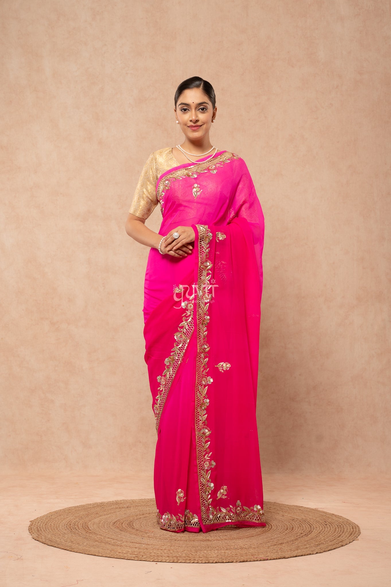 Rani Shaded Viscose Chiffon Aari Sequins Zardozi Cutwork Border & Motif (Butti) Handwork Party  Saree