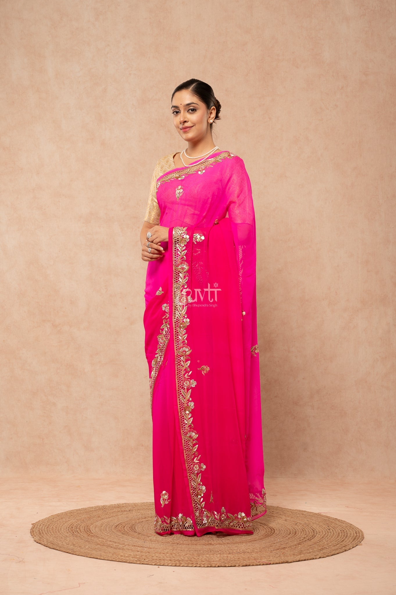 Rani Shaded Viscose Chiffon Aari Sequins Zardozi Cutwork Border & Motif (Butti) Handwork Party  Saree