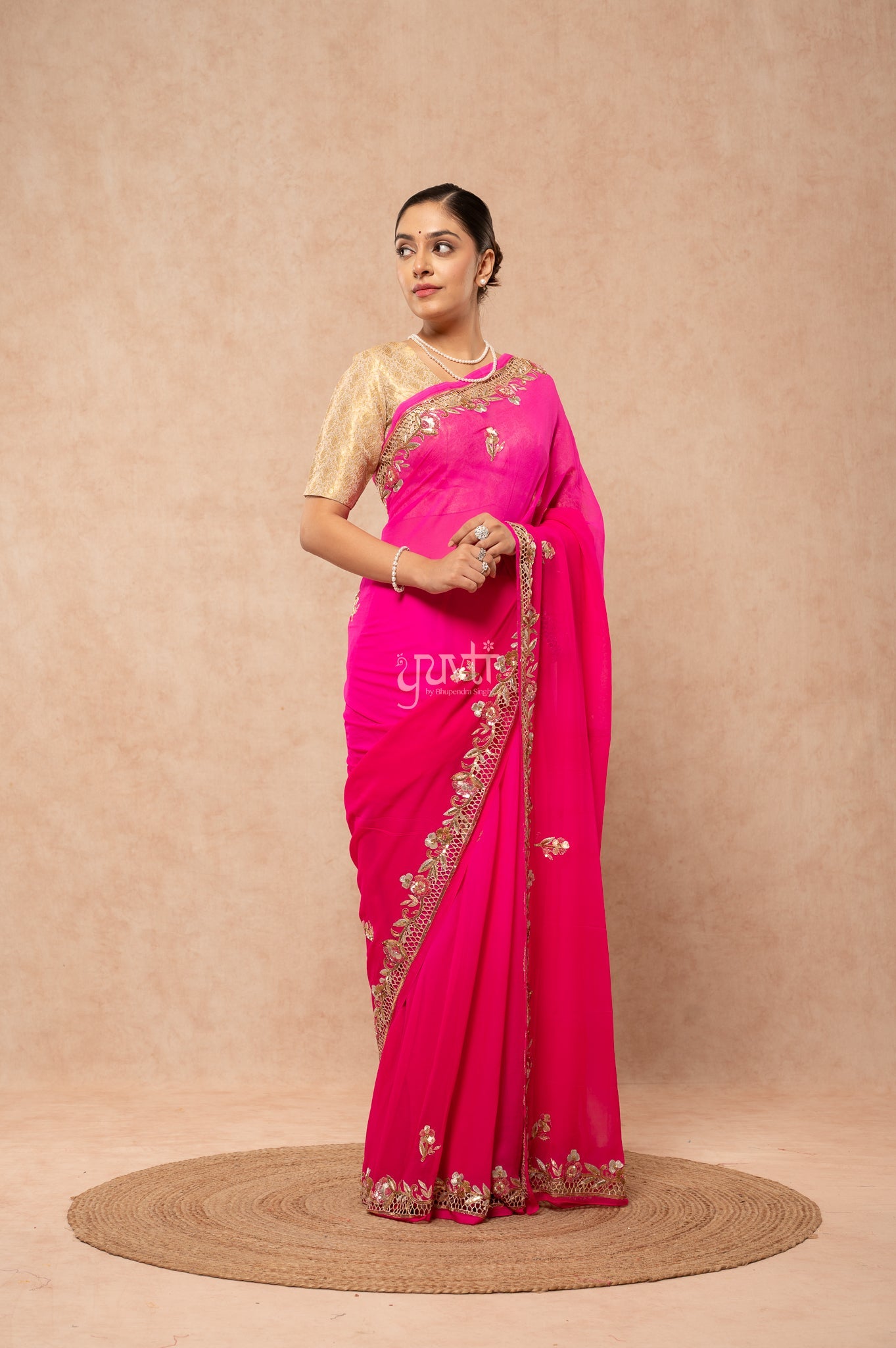 Rani Shaded Viscose Chiffon Aari Sequins Zardozi Cutwork Border & Motif (Butti) Handwork Party  Saree
