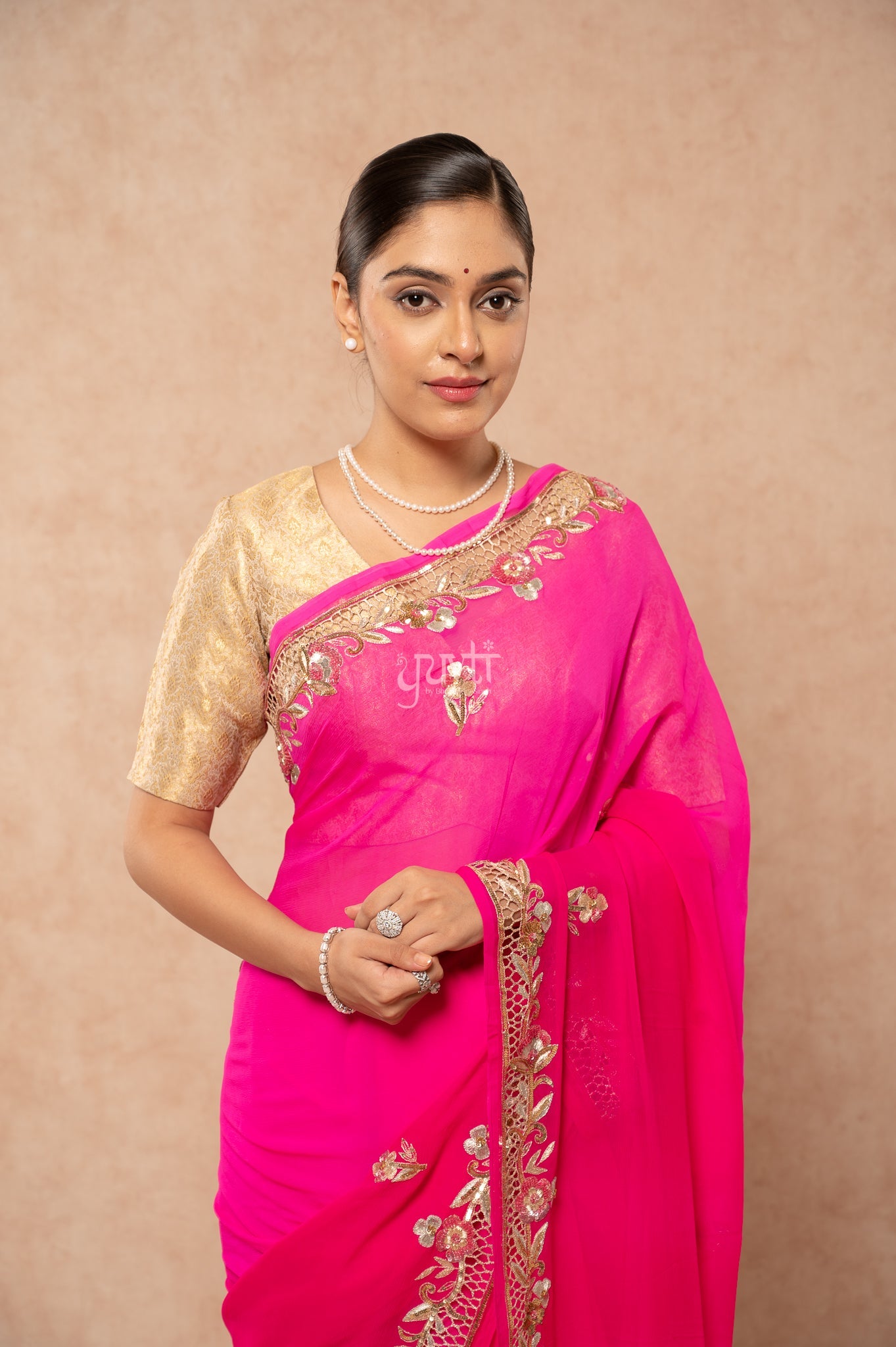 Rani Shaded Viscose Chiffon Aari Sequins Zardozi Cutwork Border & Motif (Butti) Handwork Party  Saree