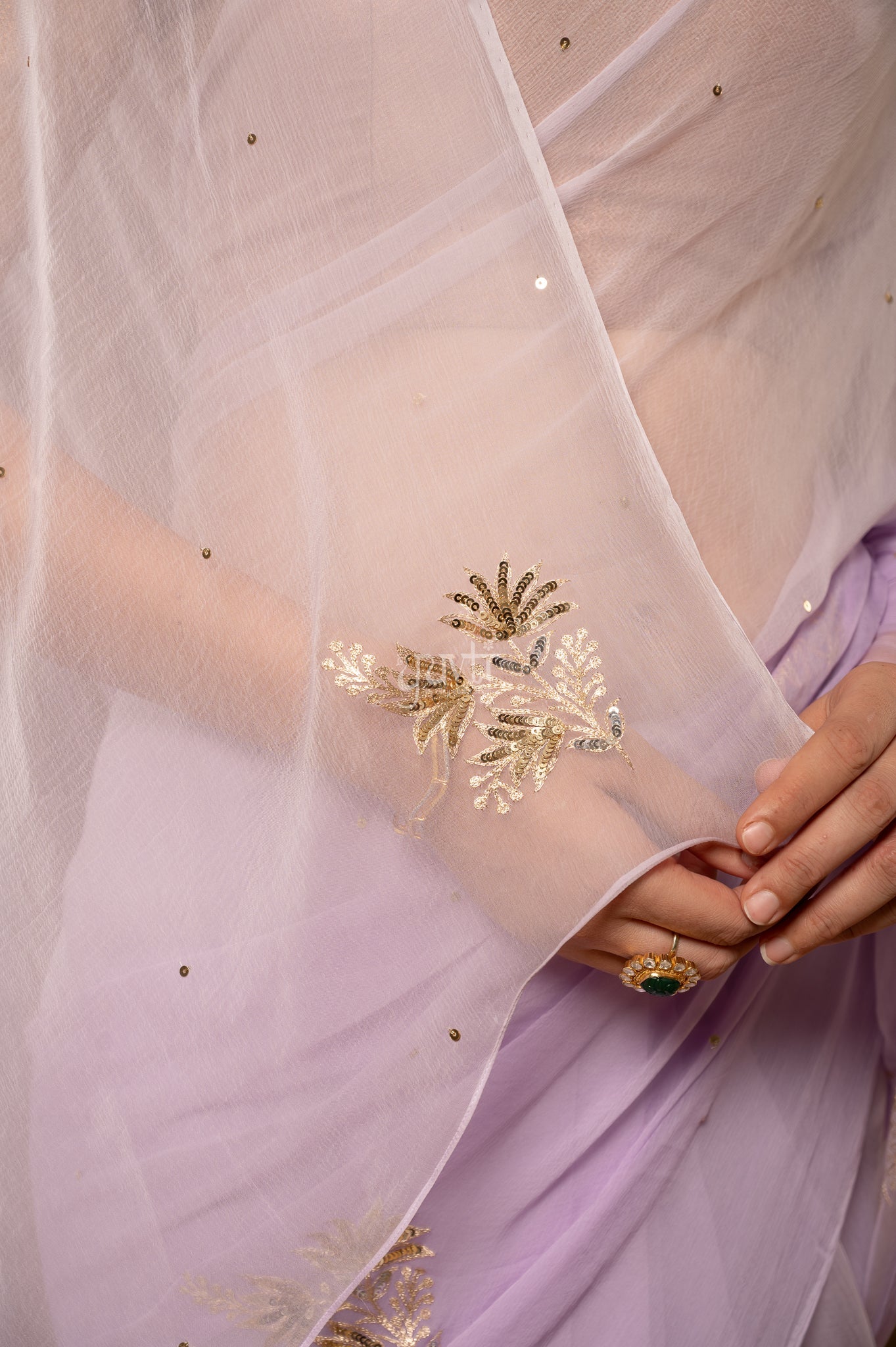 Lavender Viscose Chiffon Aari Sequins Motifs ( Butti ) Handwork  Saree