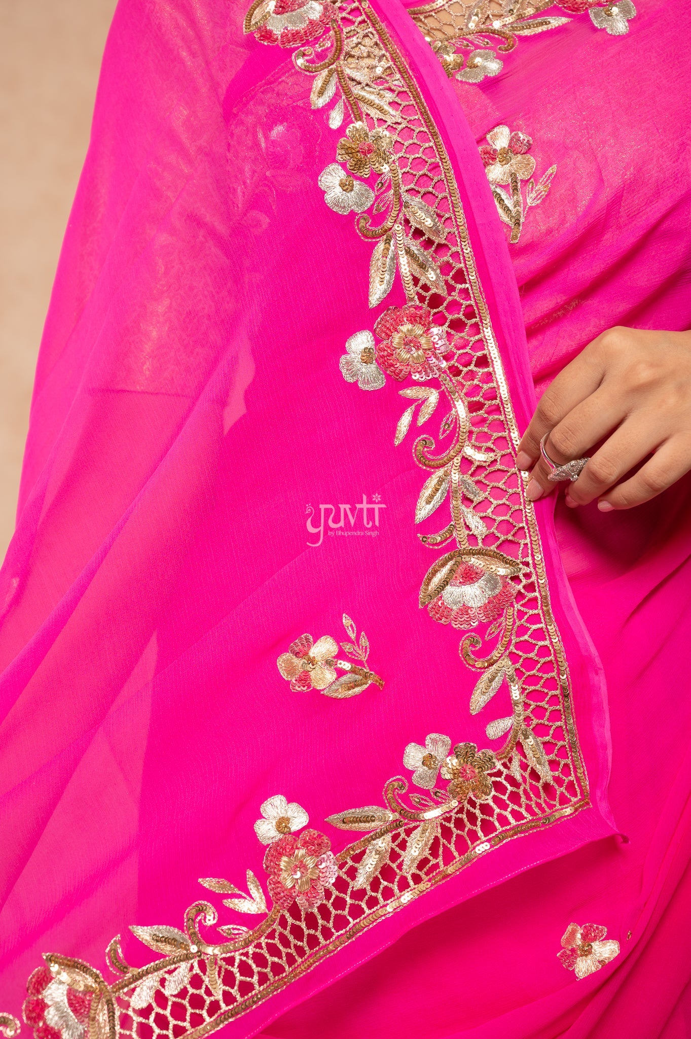 Rani Shaded Viscose Chiffon Aari Sequins Zardozi Cutwork Border & Motif (Butti) Handwork Party  Saree