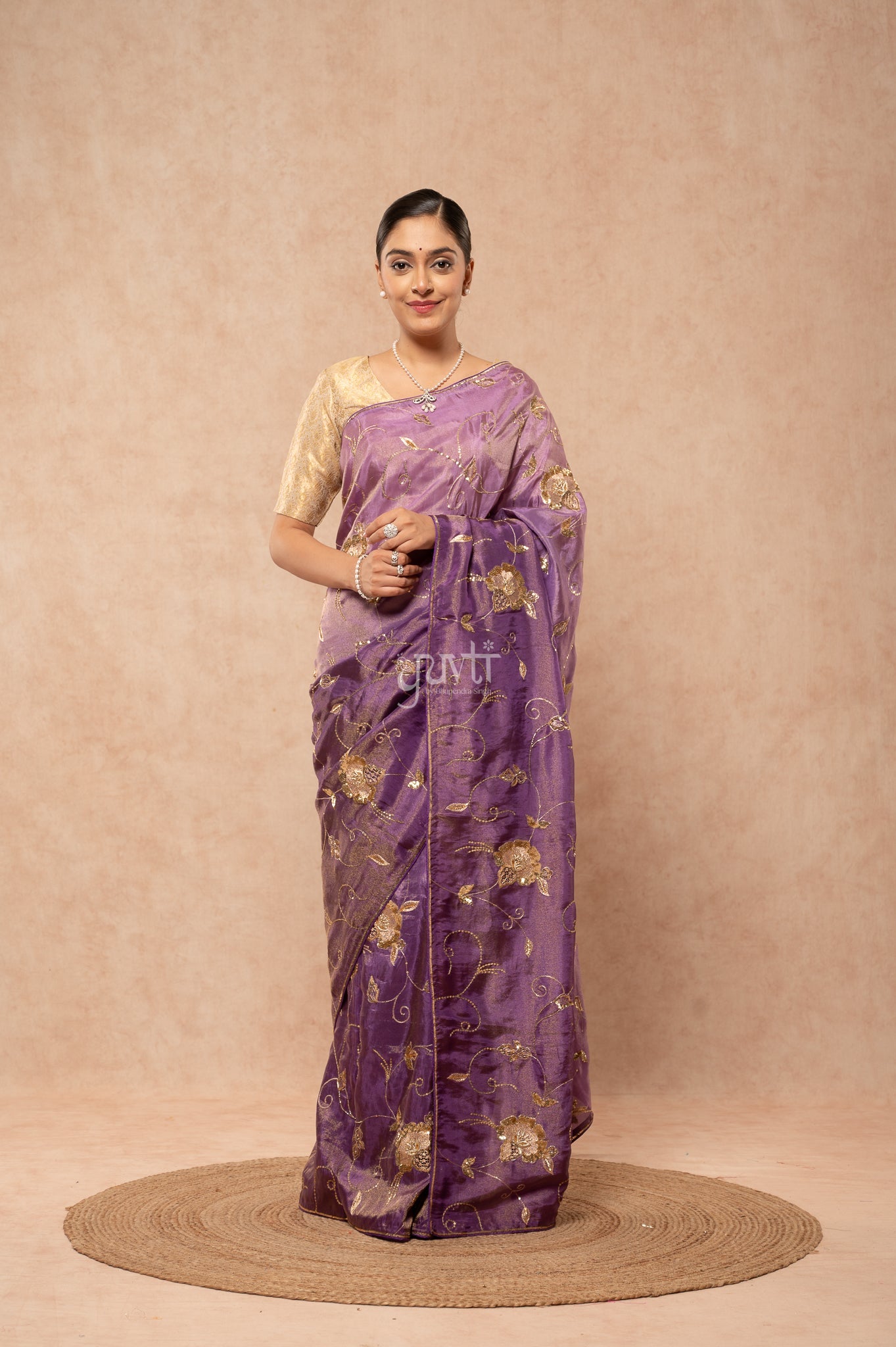Purple Shaded Viscose Tissue Aari Sequins Jaal Handwork Party  Saree