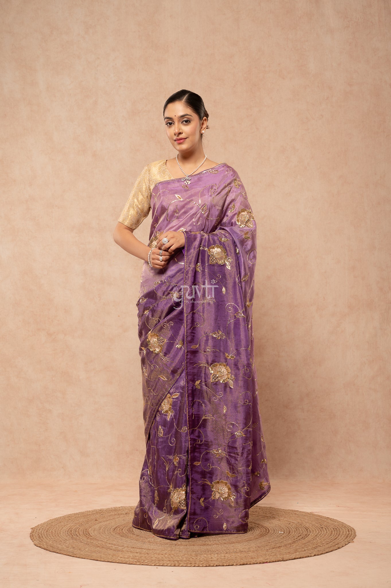 Purple Shaded Viscose Tissue Aari Sequins Jaal Handwork Party  Saree