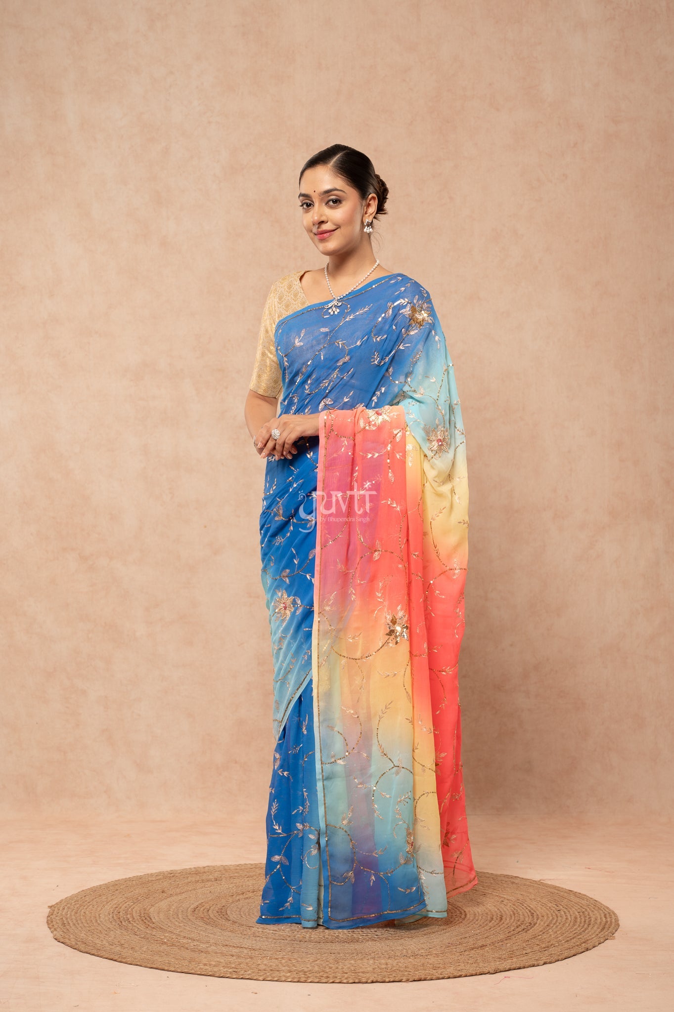 Gajri Blue Shaded Pure Chiffon Aari Sequins Zardozi Jaal Handwork Party  Saree