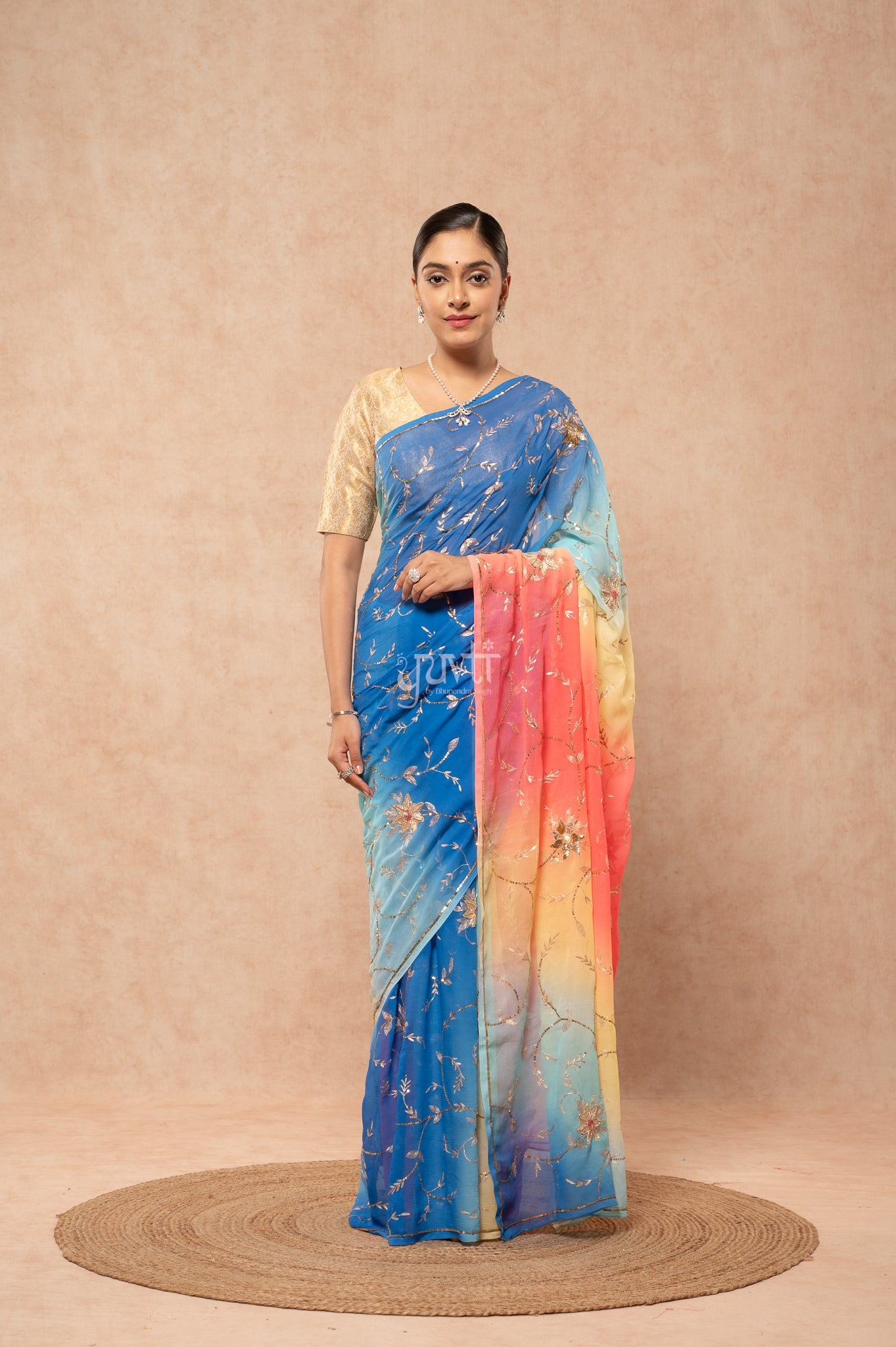 Gajri Blue Shaded Pure Chiffon Aari Sequins Zardozi Jaal Handwork Party  Saree