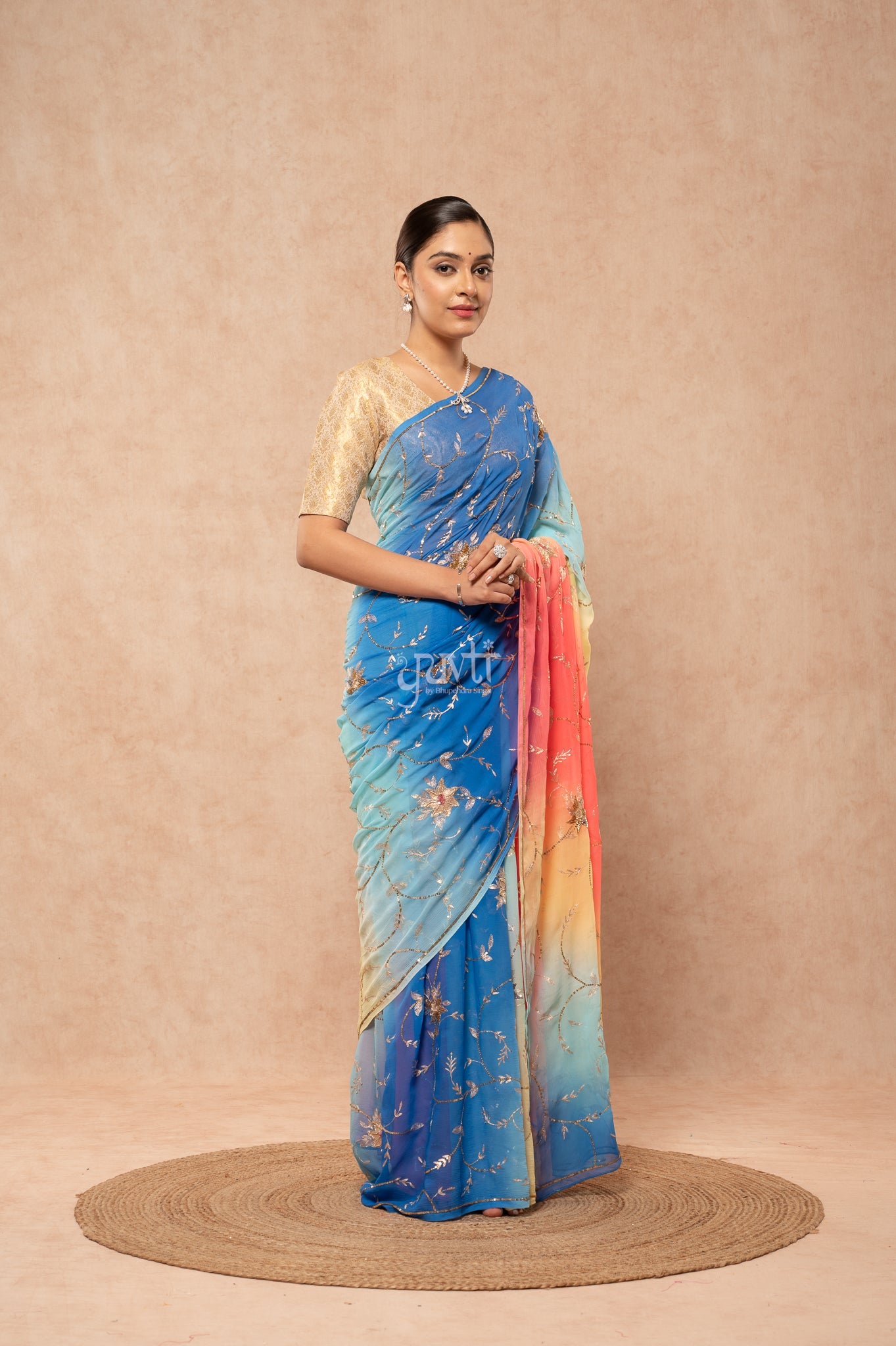 Gajri Blue Shaded Pure Chiffon Aari Sequins Zardozi Jaal Handwork Party  Saree