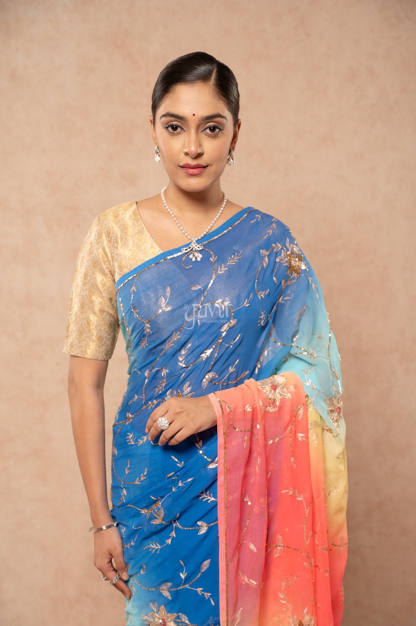 Gajri Blue Shaded Pure Chiffon Aari Sequins Zardozi Jaal Handwork Party  Saree
