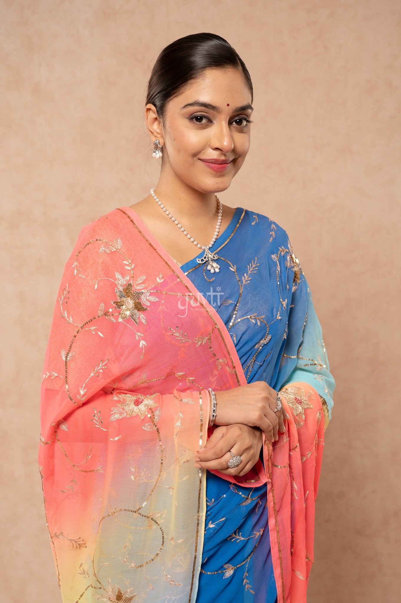 Gajri Blue Shaded Pure Chiffon Aari Sequins Zardozi Jaal Handwork Party  Saree