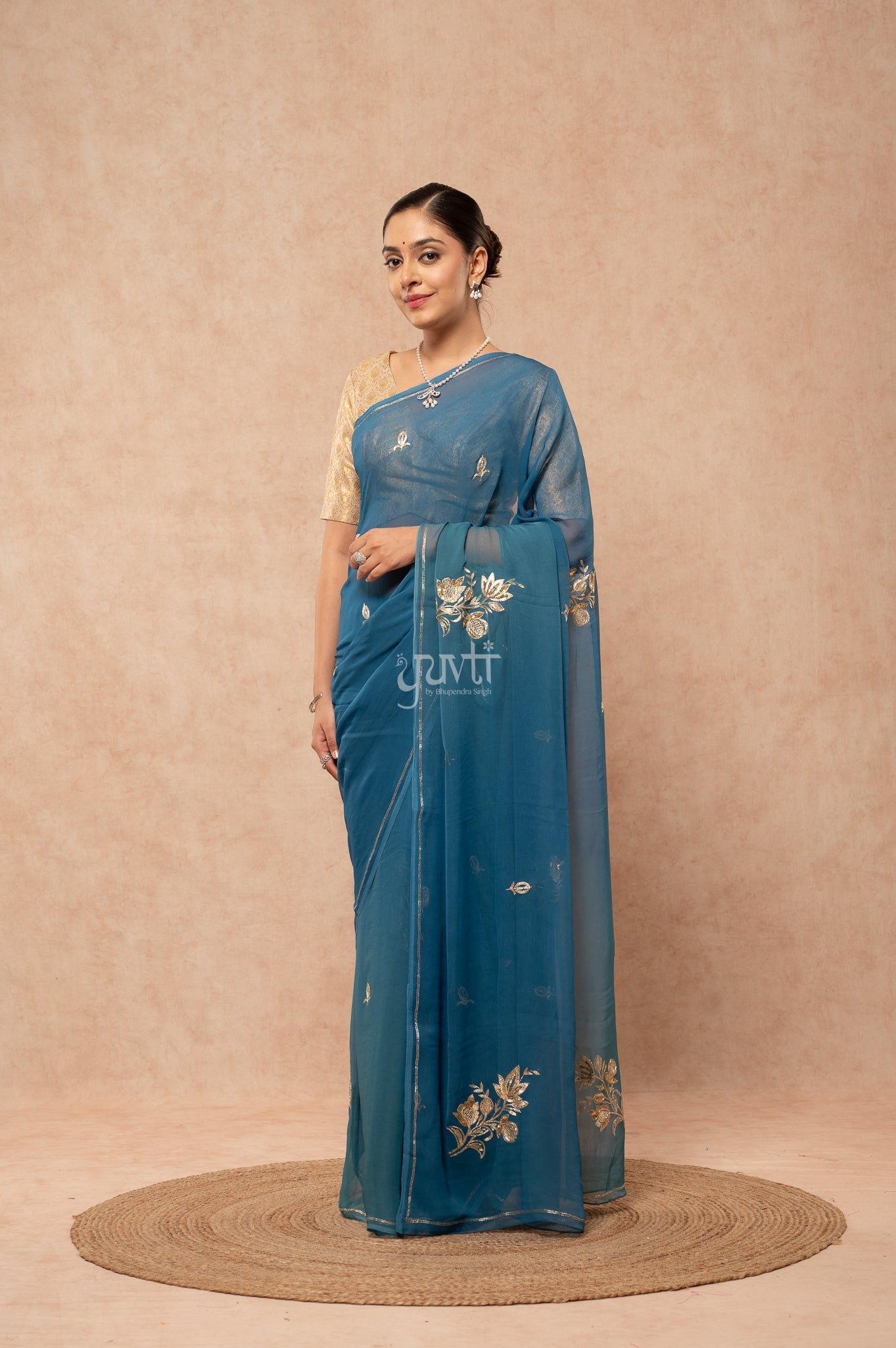 Rama Blue Viscose Chiffon Aari Sequins Cut-work Motif (Butti) all Over Handwork  Saree  with Blouse