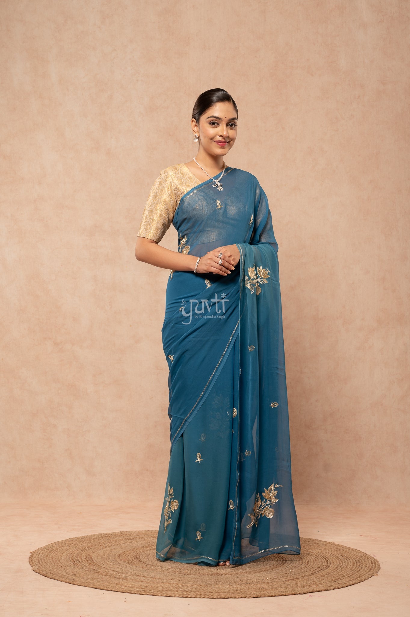 Rama Blue Viscose Chiffon Aari Sequins Cut-work Motif (Butti) all Over Handwork  Saree  with Blouse