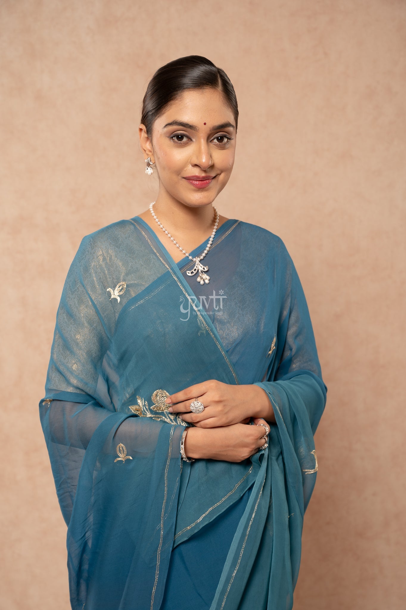 Rama Blue Viscose Chiffon Aari Sequins Cut-work Motif (Butti) all Over Handwork  Saree  with Blouse