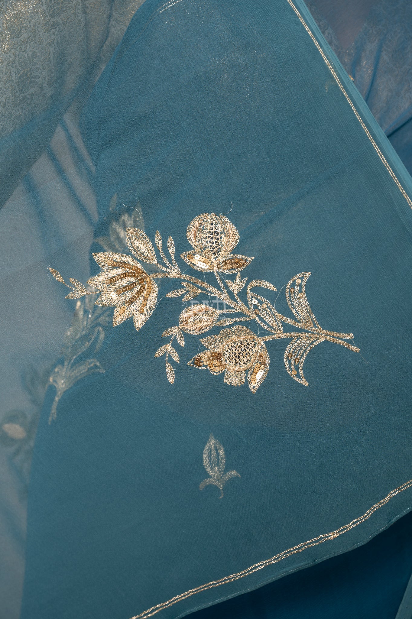 Rama Blue Viscose Chiffon Aari Sequins Cut-work Motif (Butti) all Over Handwork  Saree  with Blouse