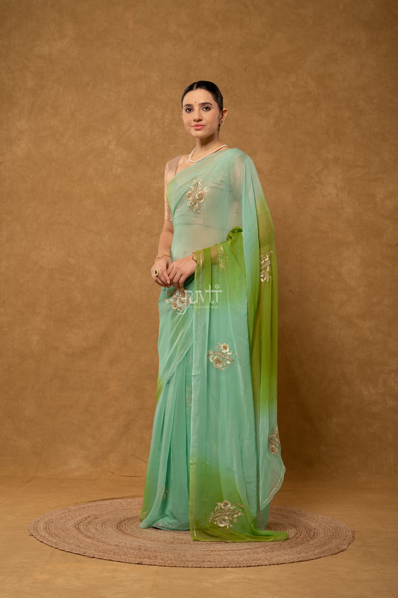 Green Shaded Viscose Chiffon Aari Sequins Cut Work Motif Handwork  Saree