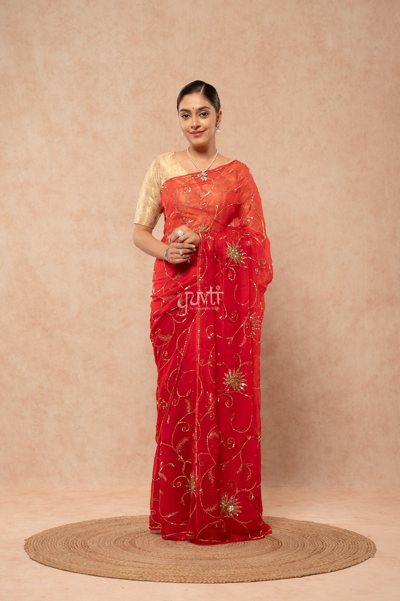 Red Light Dark Viscose Chiffon Sequins Kardana Jaal Handwork  Saree