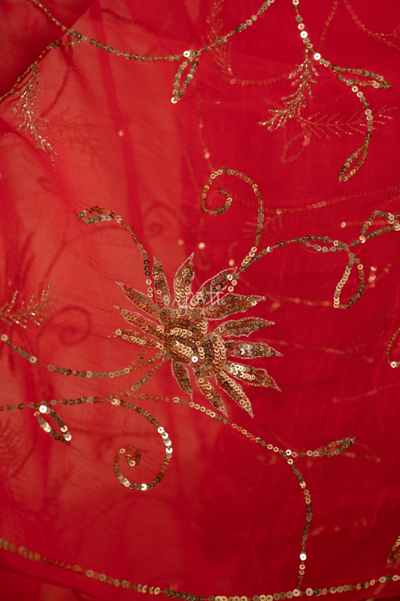 Red Light Dark Viscose Chiffon Sequins Kardana Jaal Handwork  Saree