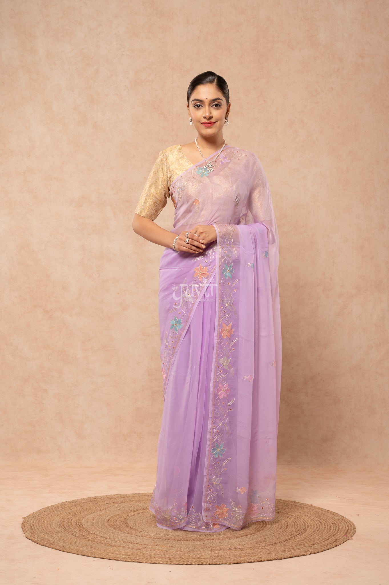 Lavender Viscose Chiffon Aari Resham Border Motif (Butti) Handwork  Saree