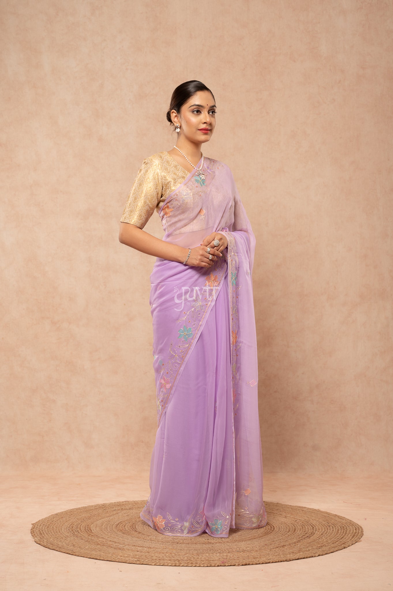 Lavender Viscose Chiffon Aari Resham Border Motif (Butti) Handwork  Saree
