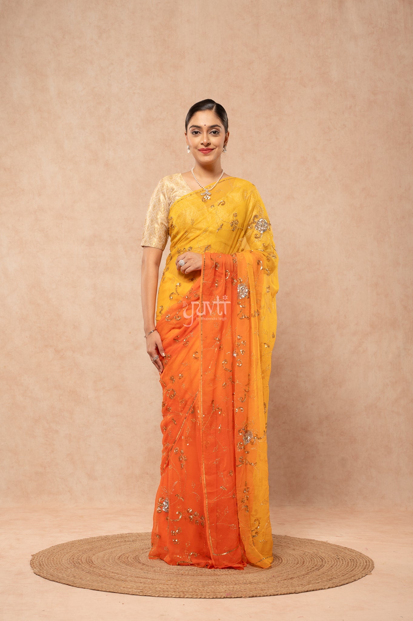 Orange Yellow Viscose Chiffon Aari Sequins Jaal Handwork Party  Saree