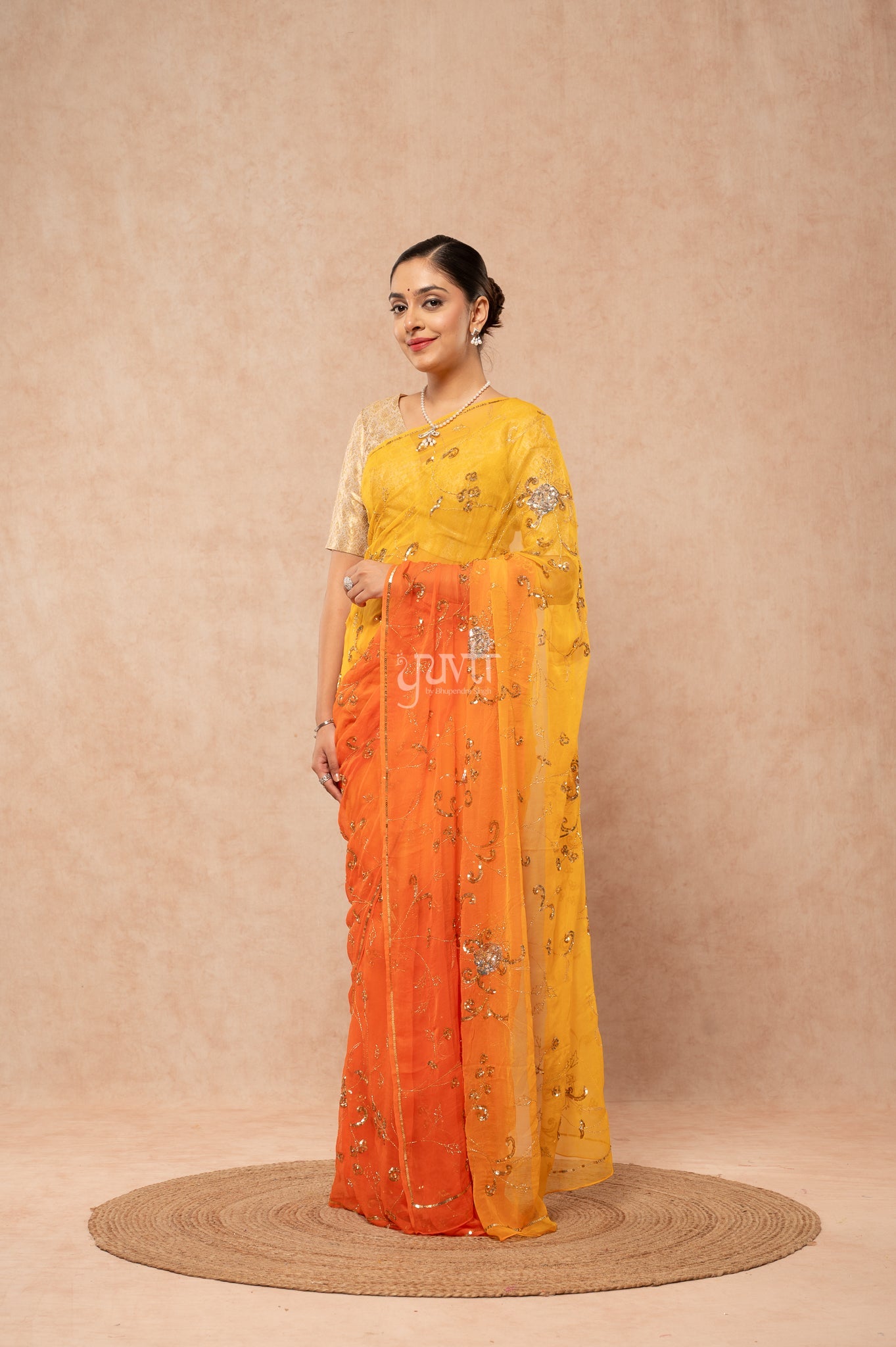 Orange Yellow Viscose Chiffon Aari Sequins Jaal Handwork Party  Saree