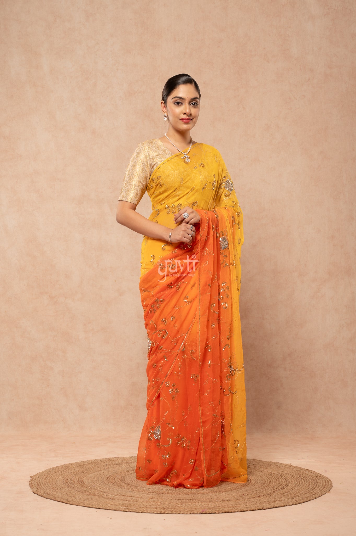 Orange Yellow Viscose Chiffon Aari Sequins Jaal Handwork Party  Saree