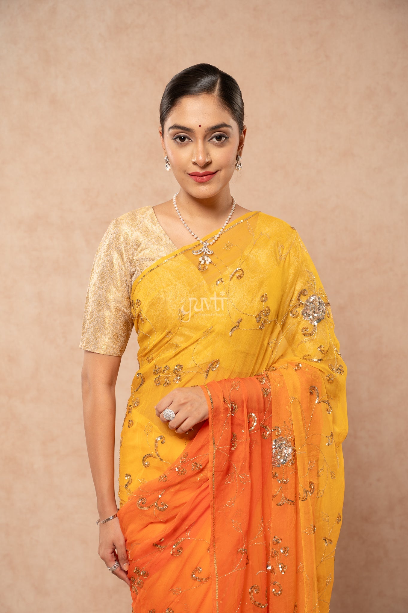Orange Yellow Viscose Chiffon Aari Sequins Jaal Handwork Party  Saree