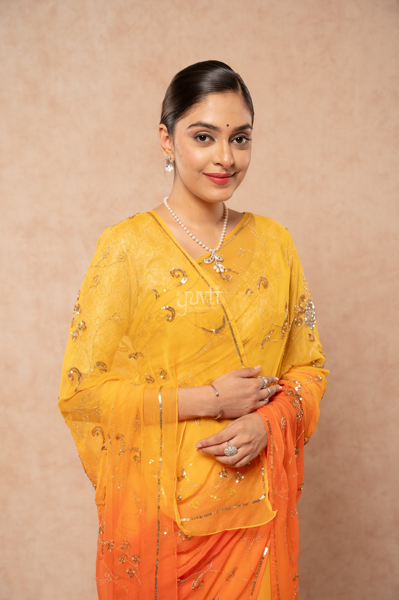 Orange Yellow Viscose Chiffon Aari Sequins Jaal Handwork Party  Saree