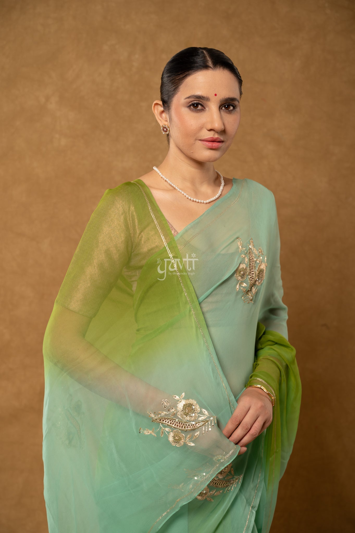 Green Shaded Viscose Chiffon Aari Sequins Cut Work Motif Handwork  Saree