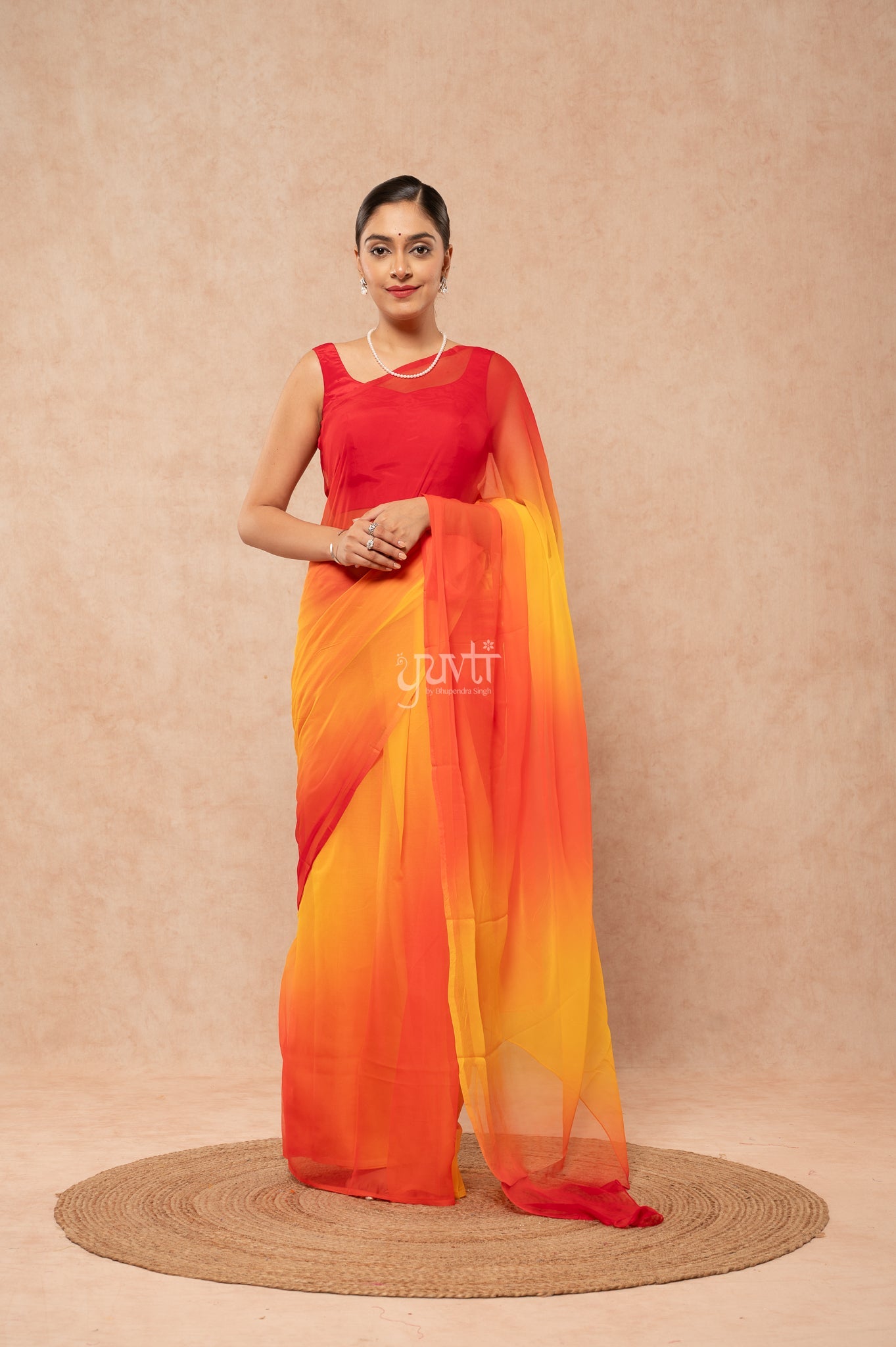 Red Orange Yellow Pure Georgette Multicolour Hand-Dye  Saree  with Blouse