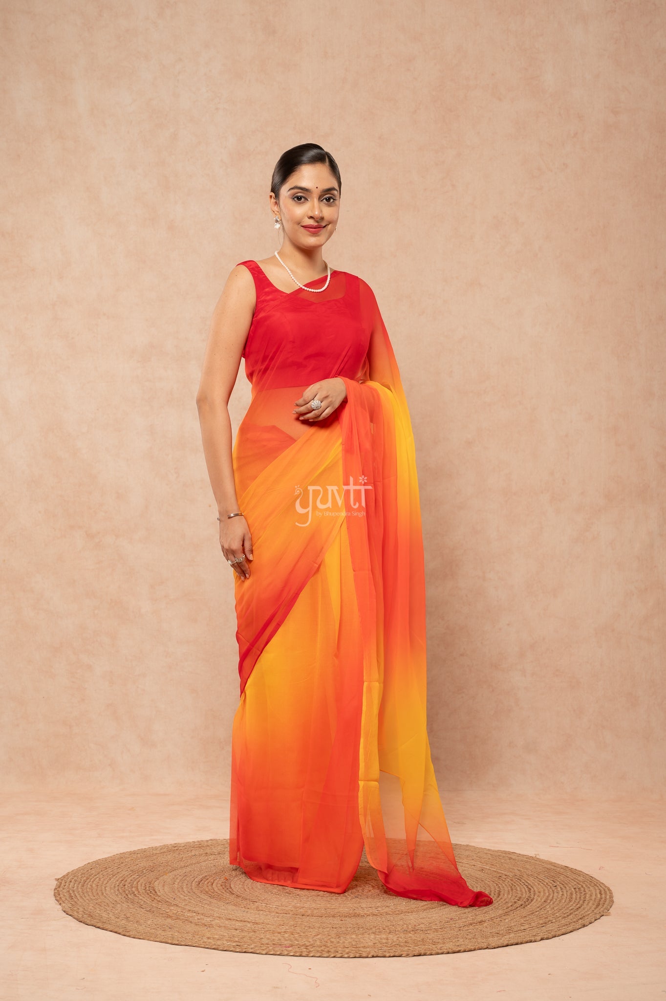 Red Orange Yellow Pure Georgette Multicolour Hand-Dye  Saree  with Blouse