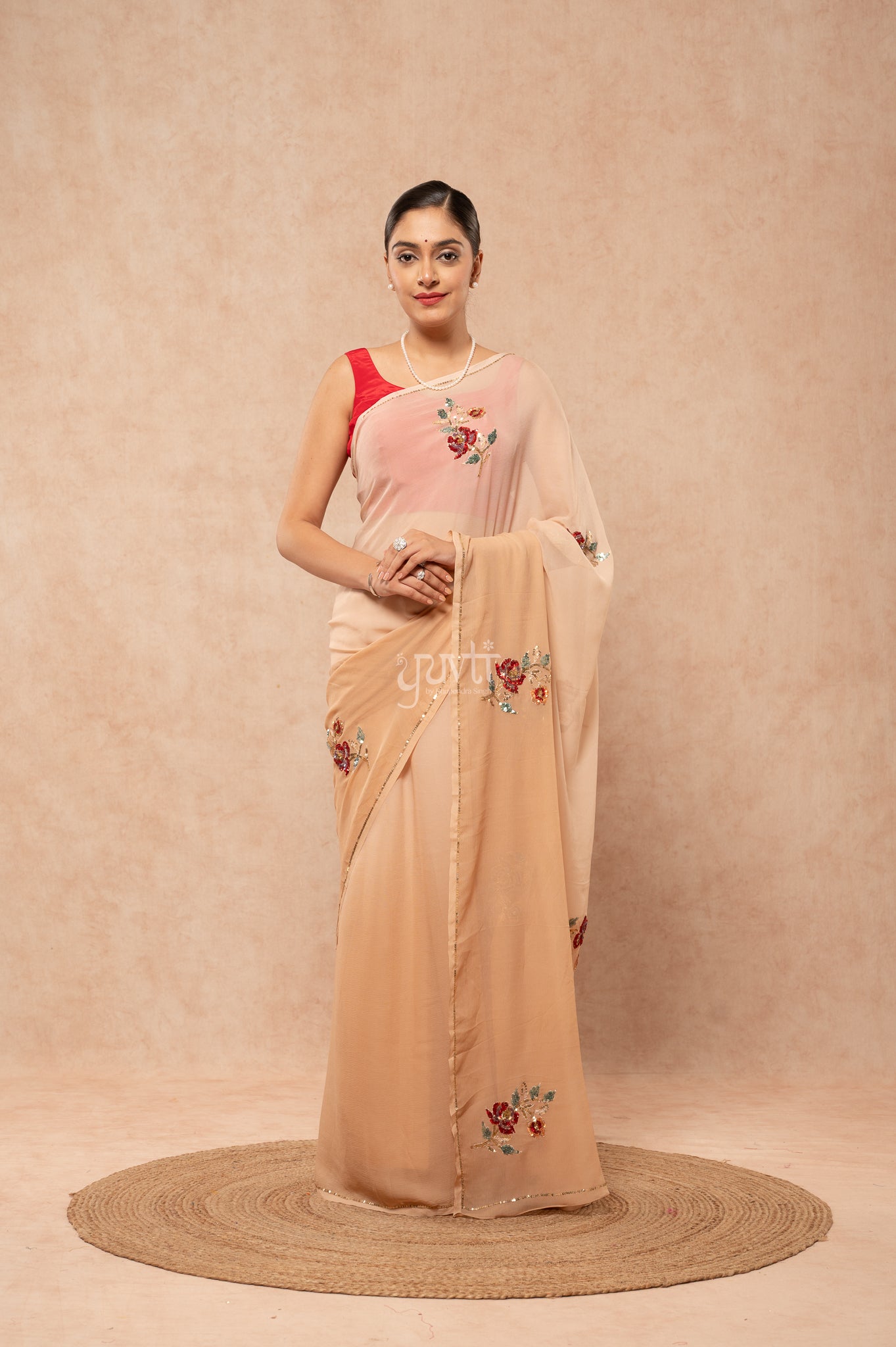 Beige Shaded  Pure Chiffon Aari Sequins Motifs ( Butti ) handwork  Saree
