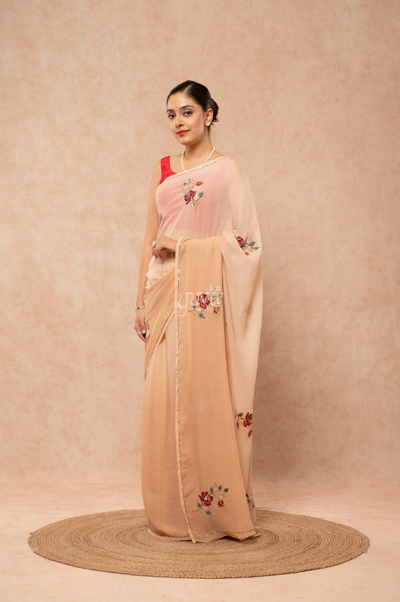 Beige Shaded  Pure Chiffon Aari Sequins Motifs ( Butti ) handwork  Saree