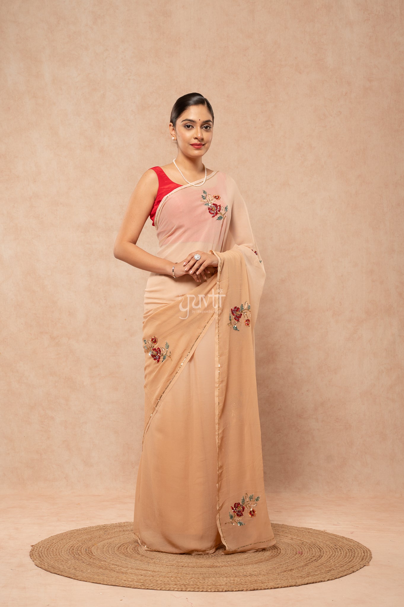 Beige Shaded  Pure Chiffon Aari Sequins Motifs ( Butti ) handwork  Saree
