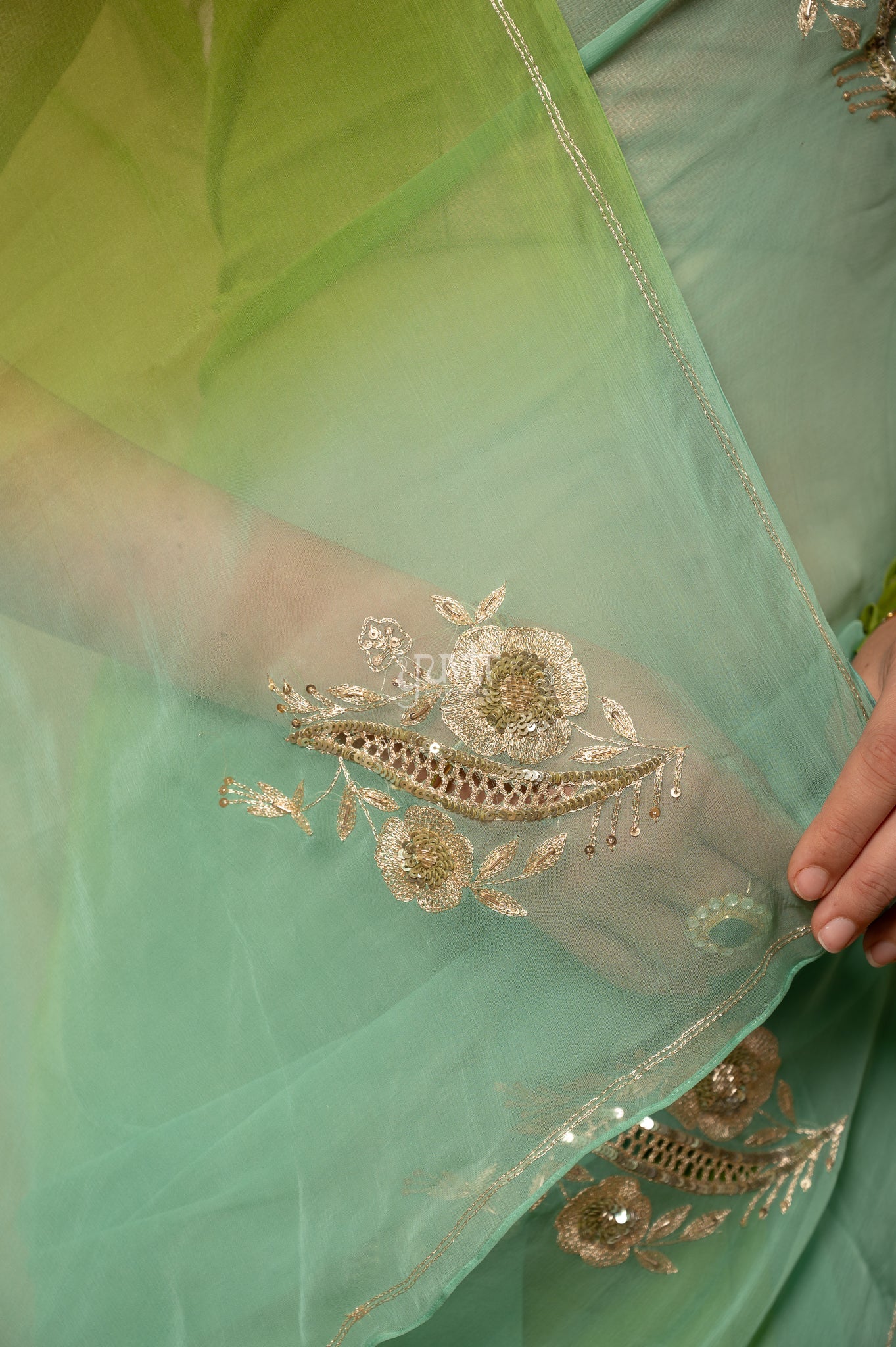 Green Shaded Viscose Chiffon Aari Sequins Cut Work Motif Handwork  Saree