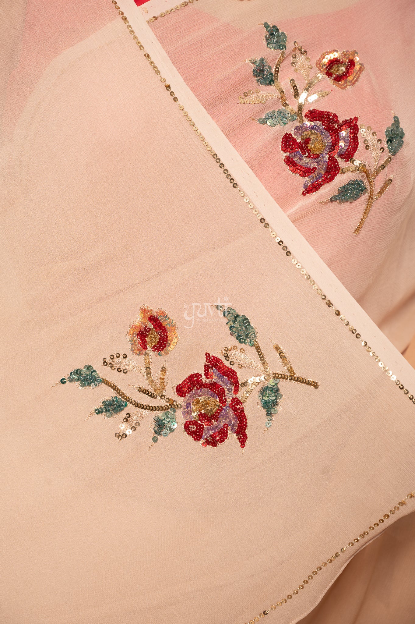 Beige Shaded  Pure Chiffon Aari Sequins Motifs ( Butti ) handwork  Saree