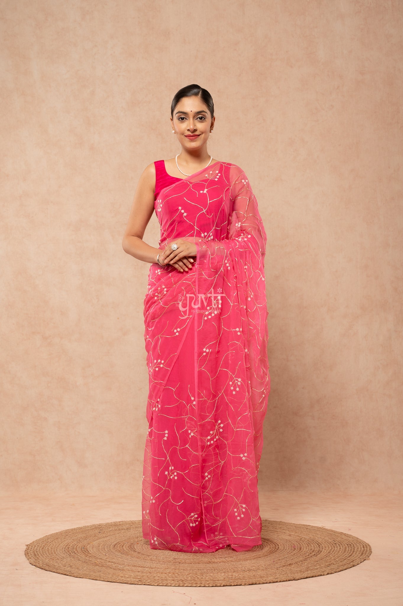 Gajri Pink Viscose Chiffon Aari Pearl  Handwork  Saree