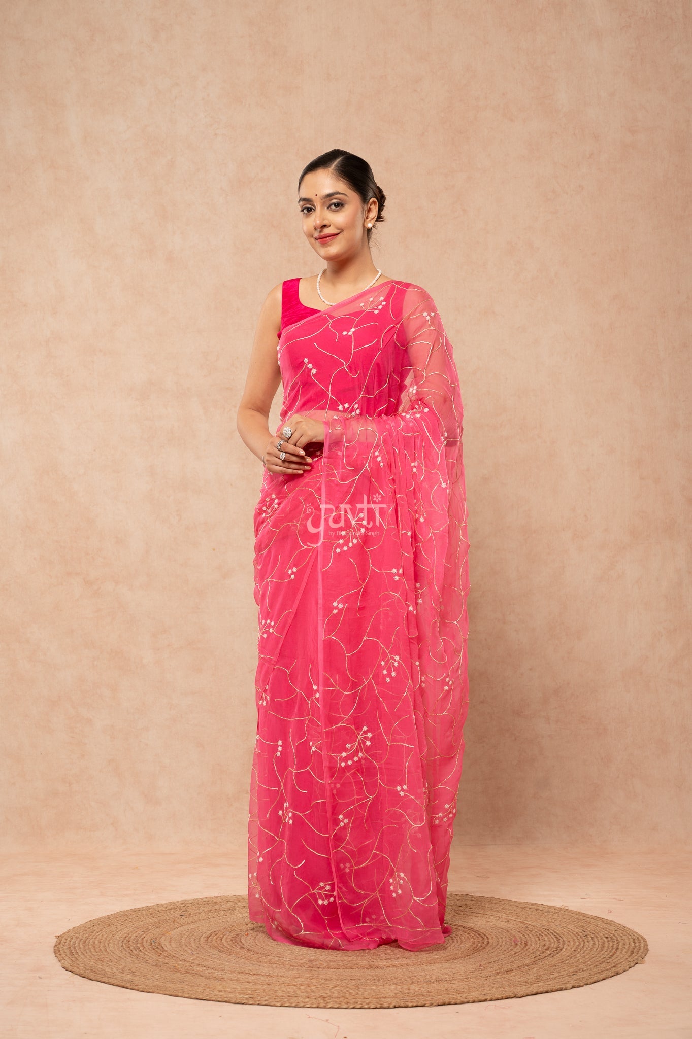 Gajri Pink Viscose Chiffon Aari Pearl  Handwork  Saree