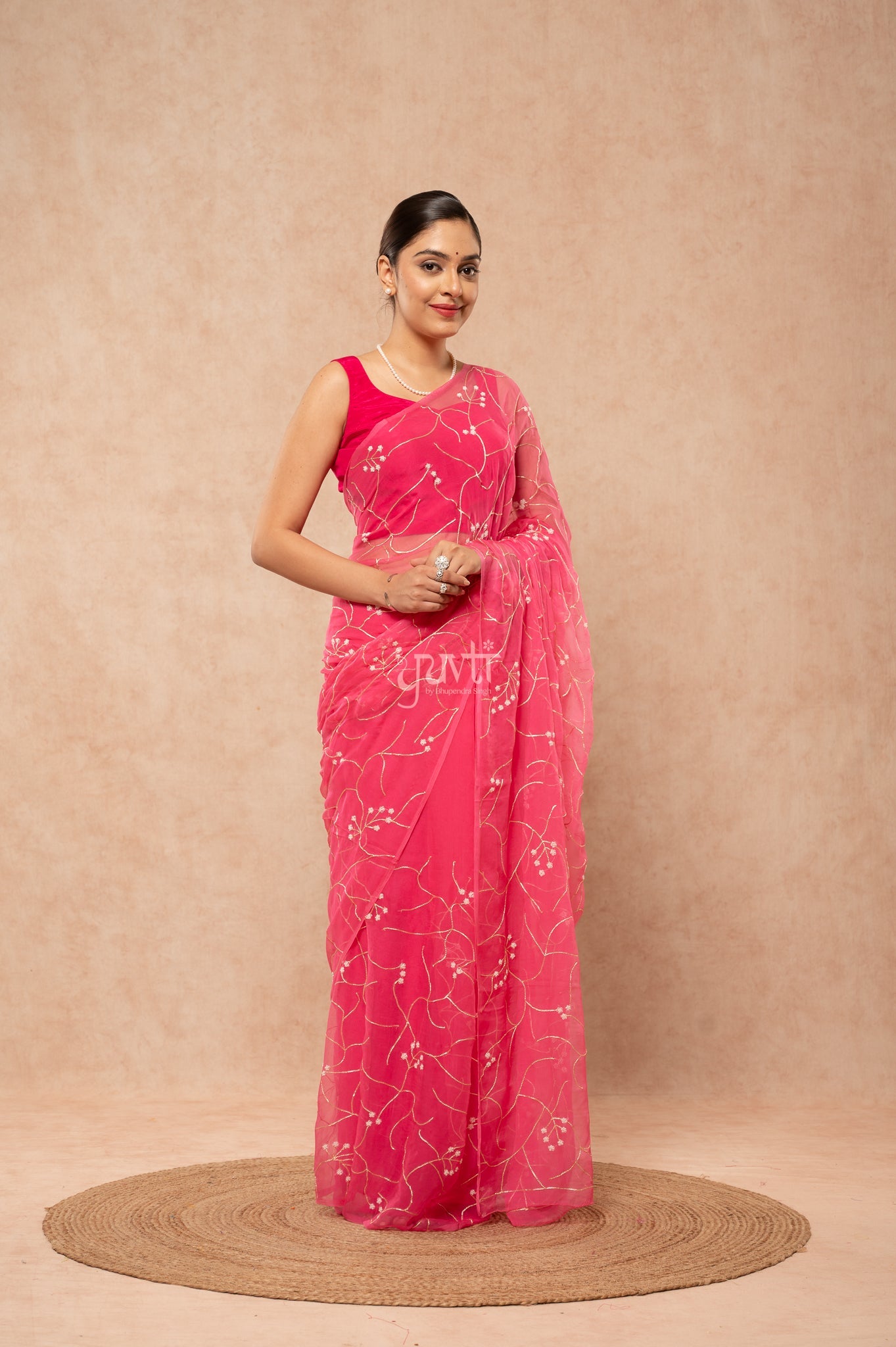 Gajri Pink Viscose Chiffon Aari Pearl  Handwork  Saree