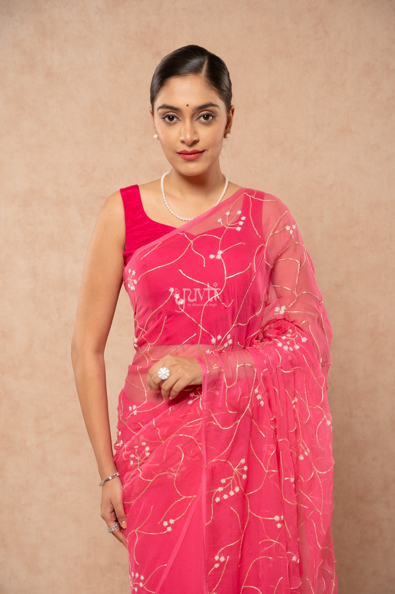 Gajri Pink Viscose Chiffon Aari Pearl  Handwork  Saree