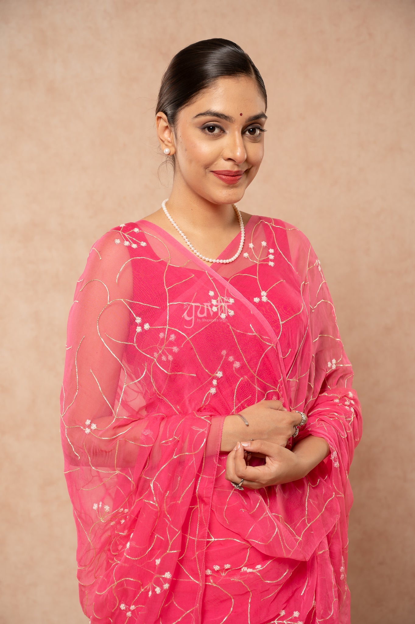 Gajri Pink Viscose Chiffon Aari Pearl  Handwork  Saree